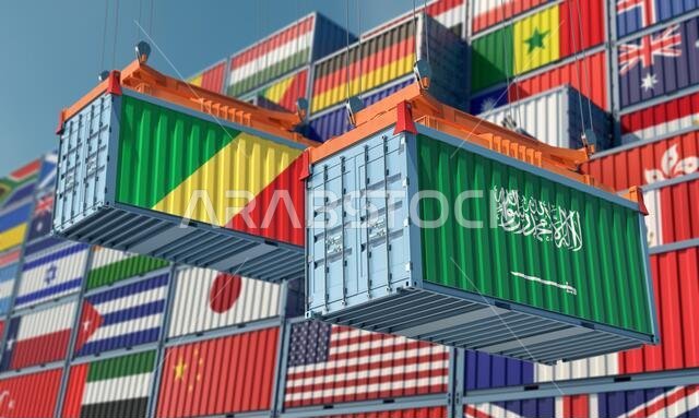 حاويات شحن تحمل أعلام جمهورية الكونغو والمملكة العربية السعودية. تصميم ثلاثي الأبعاد