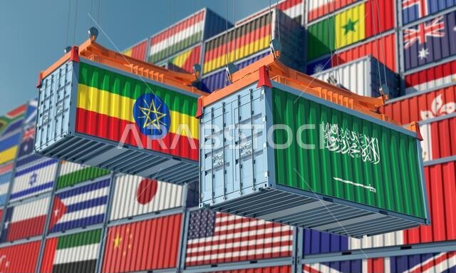حاويات شحن تحمل أعلام المملكة العربية السعودية وإثيوبيا. تصميم ثلاثي الأبعاد