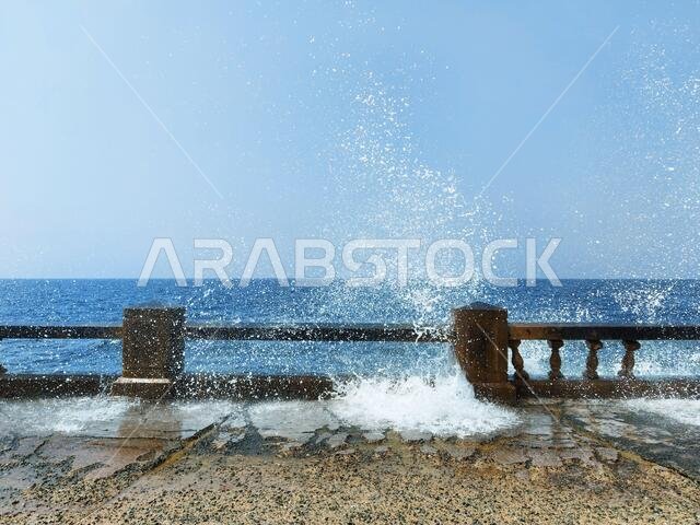 Sea waves - splashes, drops of water - Jeddah beach Saudi Arabia -  corniche
