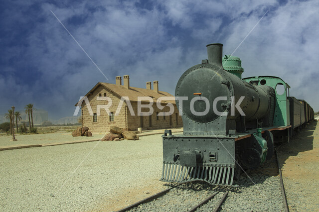Restored old train on railways in Al-Ula region in Saudi Arabia, old train station in Al-Ula desert, tourist attractions in Saudi Arabia, railways in Saudi Arabia