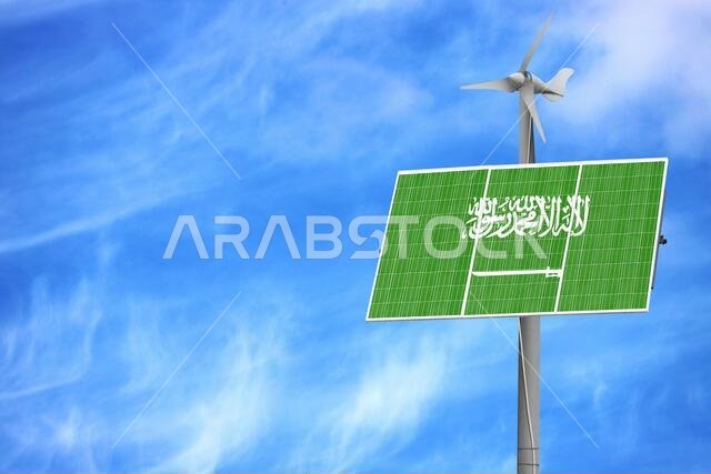 Solar panels against a blue sky with a picture of the flag of Saudi Arabia
