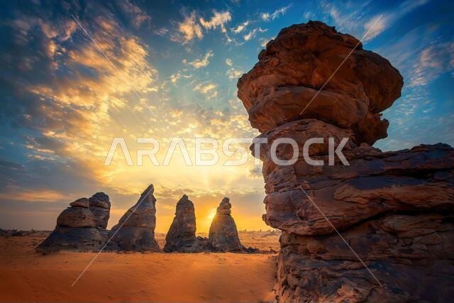 Sunset Desert Landscape view near Jabal Al Qara Mountains  Hufuf City, Al hasa Saudi Arabia.