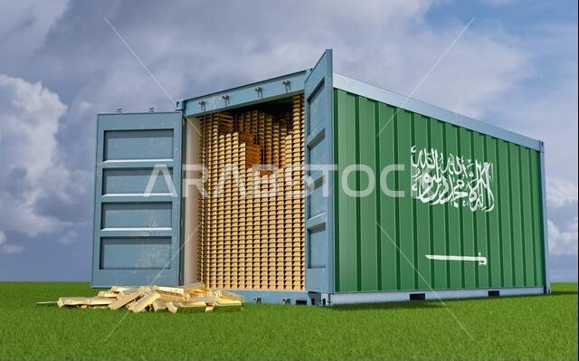 حاوية شحن عليها علم المملكة العربية السعودية مليئة بسبائك الذهب. بعض سبائك الذهب متناثرة على الأرض - تصميم ثلاثي الأبعاد حاوية شحن عليها علم المملكة العربية السعودية مليئة بسبائك الذهب. بعض سبائك الذهب متناثرة على الأرض - تصميم ثلاثي الأبعاد