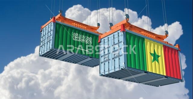 حاويتان للشحن تحملان علمي المملكة العربية السعودية والسنغال. تصميم ثلاثي الأبعاد
