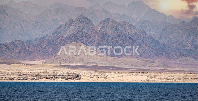 sinai mountains on the red sea riviera. Amazing Sunrise at Sinai Mountain, Beautiful dawn in Egypt, Beautiful view from the mountain. Ras Muhammad Nat