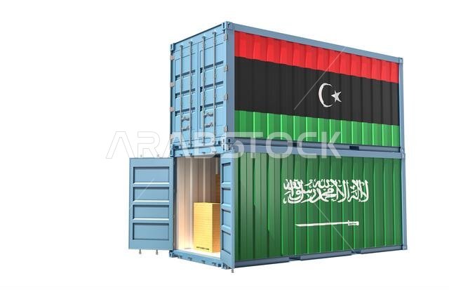 حاويتان للشحن تحملان علمي المملكة العربية السعودية وليبيا. معزولتان على خلفية بيضاء - عرض ثلاثي الأبعاد حاويتان للشحن تحملان علمي المملكة العربية السعودية وليبيا. معزولتان على خلفية بيضاء - عرض ثلاثي الأبعاد