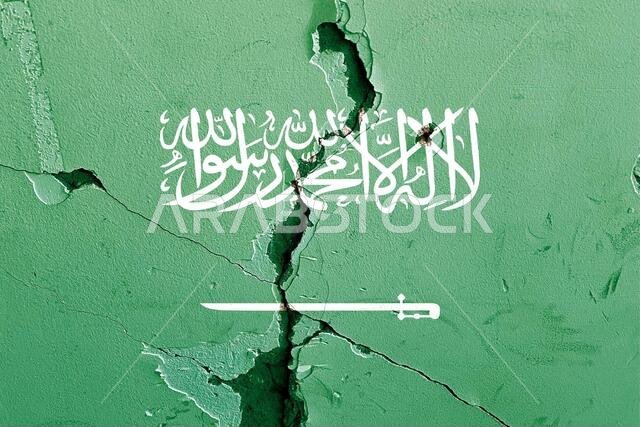 The national flag of Saudi Arabia painted on a weathered broken wall - political conflict concept