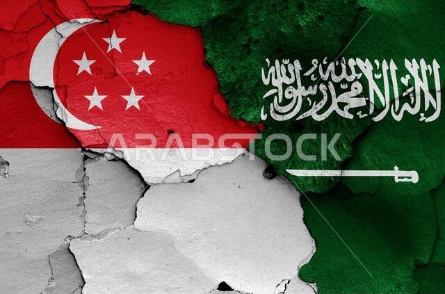 أعلام سنغافورة والمملكة العربية السعودية مرسومة على جدار متصدع أعلام سنغافورة والمملكة العربية السعودية مرسومة على جدار متصدع