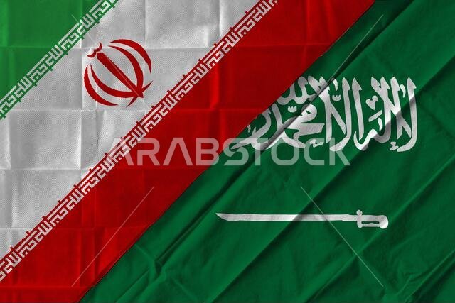 Concept of the relationship between Iran and Saudi Arabia with two flags over each other