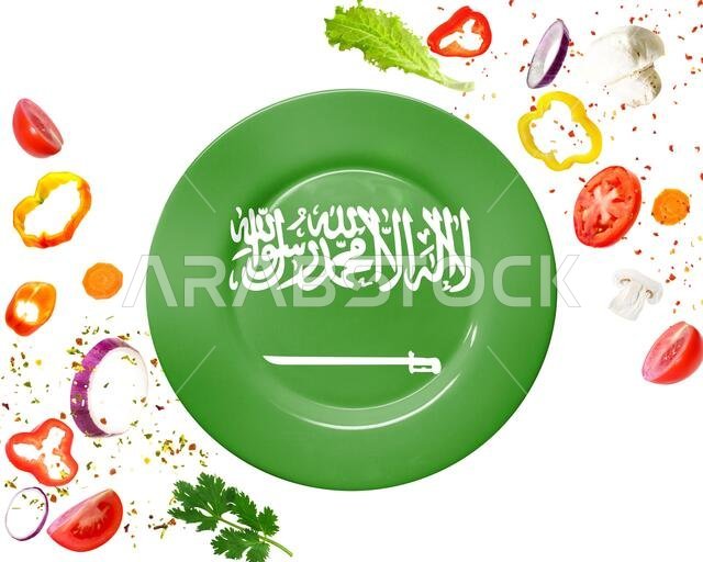 خضراوات مع علم المملكة العربية السعودية المرسوم على طبق معزول على خلفية بيضاء خضراوات مع علم المملكة العربية السعودية المرسوم على طبق معزول على خلفية بيضاء