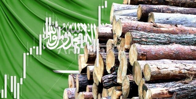 Timber on the background of the flag of Saudi Arabia, the concept of rising prices for wood