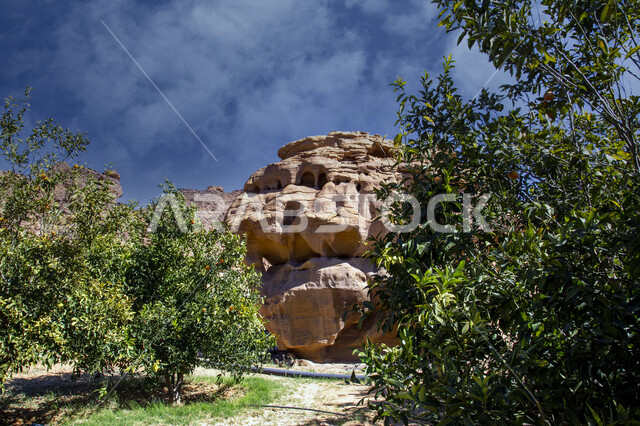 التكوينات والتشكيلات الصخرية الطبيعية في مدينة العلا بالمملكة العربية السعودية، المعالم التاريخية السياحية، جمال الطبيعة الصحراوية، الجبال الصخرية في العلا، الأشجار والنباتات الخضراء، السياحة في السعودية