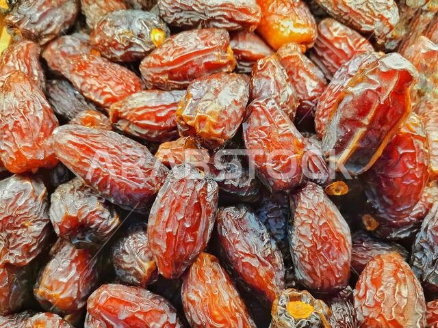 Close-up Medina Date. Medina palm background and detail shot. Ramadan food.