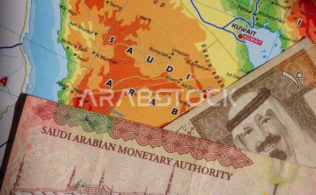 Top view of money, banknote of Saudi Arabian Riyal and the Saudi Arabia map for background. Business, Finance, Economy and Investment concept