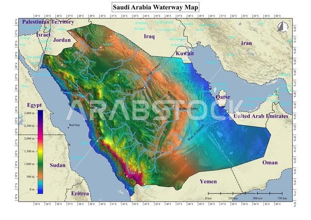 رسم توضيحي للممرات المائية والتضاريس في المملكة العربية السعودية رسم توضيحي للممرات المائية والتضاريس في المملكة العربية السعودية