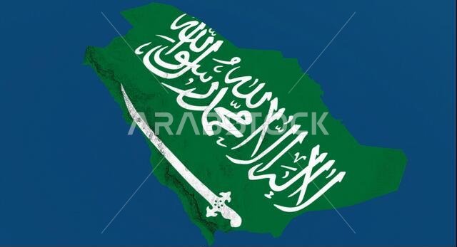 Illustration of the flag on the map of the Kingdom of Saudi Arabia against a blue background