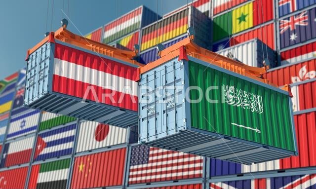 حاويات شحن تحمل علمي النمسا والمملكة العربية السعودية. تصميم ثلاثي الأبعاد