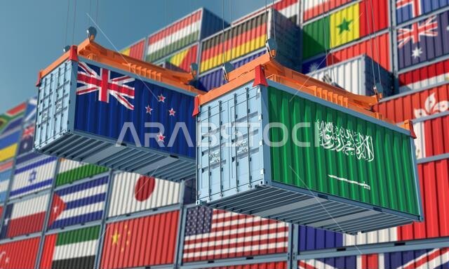 حاويات شحن تحمل علمي المملكة العربية السعودية ونيوزيلندا. تصميم ثلاثي الأبعاد