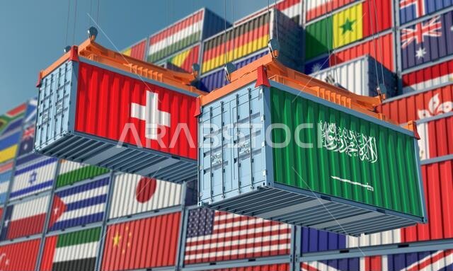 حاويات شحن تحمل أعلام سويسرا والمملكة العربية السعودية. تصميم ثلاثي الأبعاد