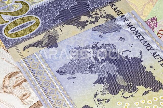 Detailed close up of 20 Saudi Riyal. Saudi Arabian currency for the G20 summit in 2020. Money of Saudi Arabia. World map on the reverse side of twenty