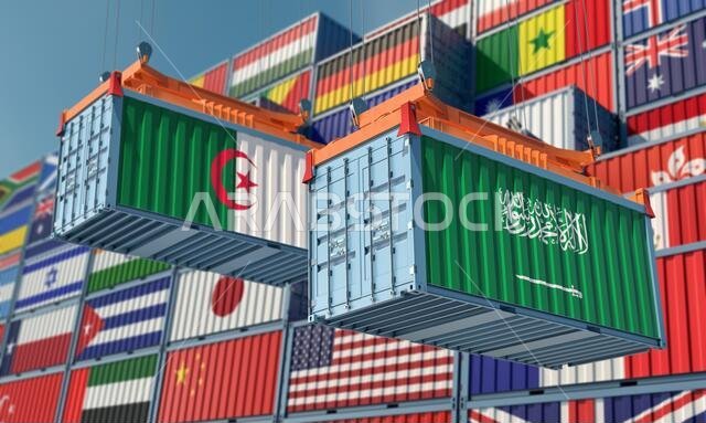 Freight containers with Algeria and Saudi Arabia national flags. 3D Rendering