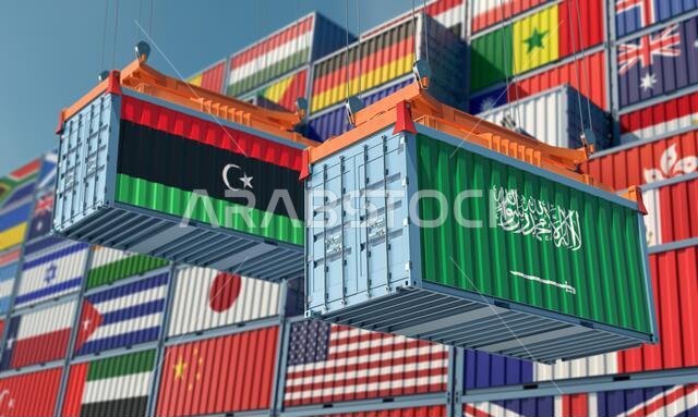 Freight containers with Saudi Arabia and Libya national flags. 3D Rendering