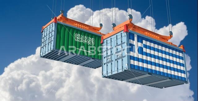 Freight containers with Saudi Arabia and Greece national flags. 3D Rendering