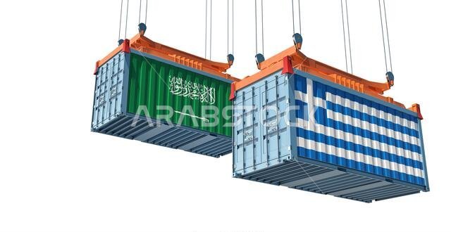 Freight containers with Saudi Arabia and Greece national flags. 3D Rendering