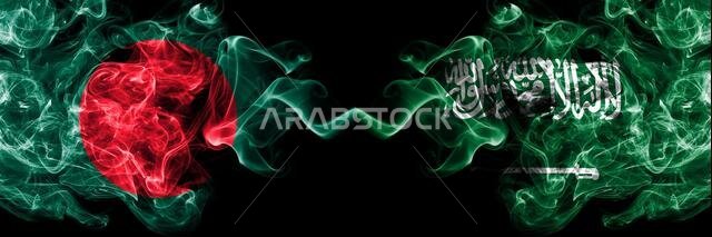 Bangladesh, Bangladeshi vs Saudi Arabia, Arabian smoky mystic flags placed side by side. Thick colored silky abstract smokes flags.