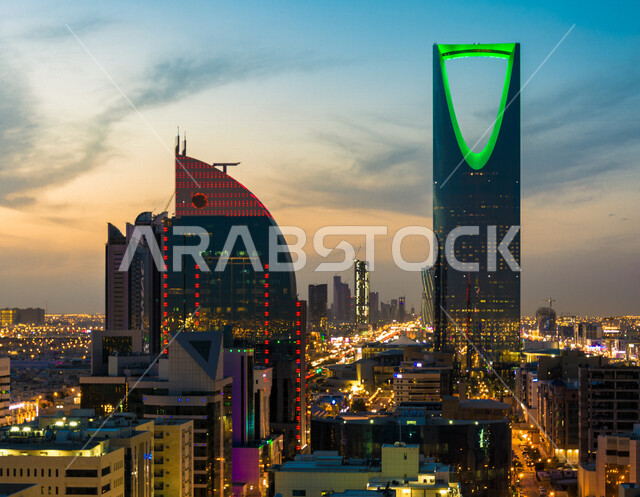 صورة إبداعية للابراج وناطحات السحاب في مدينة الرياض بالمملكة العربية السعودية، الأبراج وناطحات السحاب، الفن الهندسي المعماري بالسعودية، برج المملكة، معالم الرياض مشهورة، السياحة في السعودية