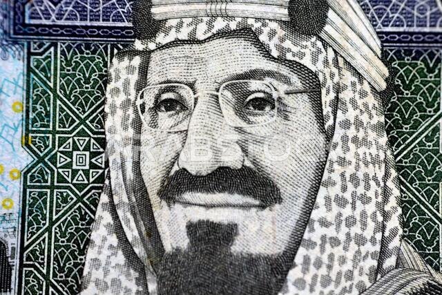 King Abdulaziz Al Saud former king of Saudi Arabia photo on the observe side of 500 Saudi riyals banknote, close-up of 500 Saudi riyals money