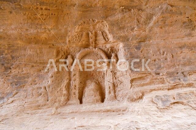 Carvings of the Nabataean in the Siq of Jabal Ithlib in Al Ula, Saudi Arabia