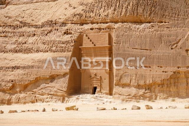Jabal Al Banat, one of the largest clusters of tombs in Hegra with 29 tombs that have skillfully carved facades on all sides of the sandstone rock, Al