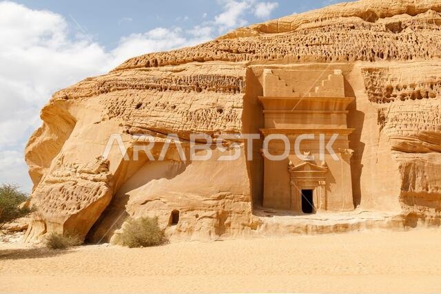 Jabal Al Banat, one of the largest clusters of tombs in Hegra with 29 tombs that have skillfully carved facades on all sides of the sandstone rock, Al
