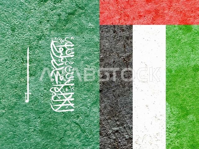 أعلام المملكة العربية السعودية والإمارات العربية المتحدة معزولة على خلفية جدار متصدع
