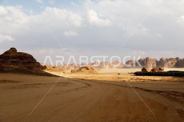 Typical landscape with eroded mountains in the desert oasis of Al Ula in Saudi Arabia