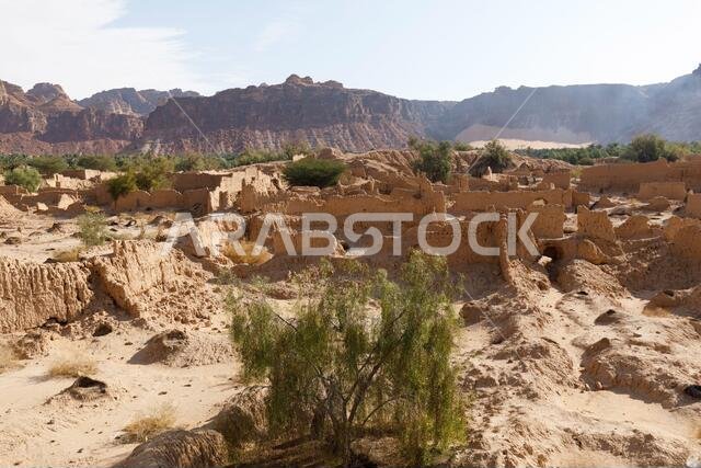 منازل مهجورة مبنية على الطراز المعماري العربي التقليدي بالطوب اللبن في العلا بالمملكة العربية السعودية