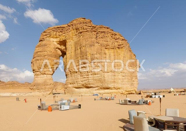 Al Ula, Saudi Arabia, February 19 2020: Elephant rock where the winter festival Tantora takes place in Al Ula, Saudi Arabia