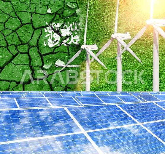 Solar panels on the background with the flag of Saudi Arabia and Wind Turbine. Switching to renewable energy, wind energy and solar energy