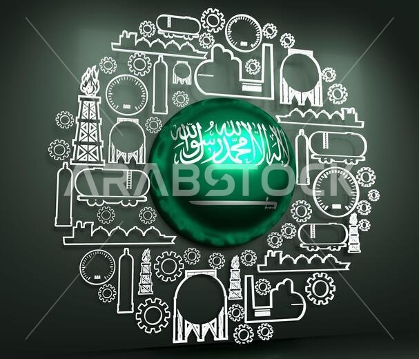Energy and Power icons set. Design concept of natural gas industry. Background with industrial line icons. 3D rendering. Flag of the Saudi Arabia