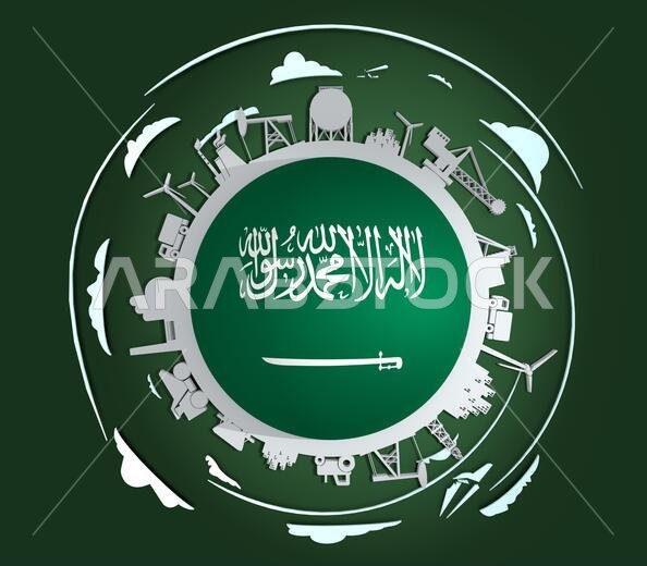 دائرة تحوي صورًا ظلية لعناصر صناعية. عناصر محيطة بالدائرة. خلفية تصميم صناعي. علم المملكة العربية السعودية. تصميم ثلاثي الأبعاد.