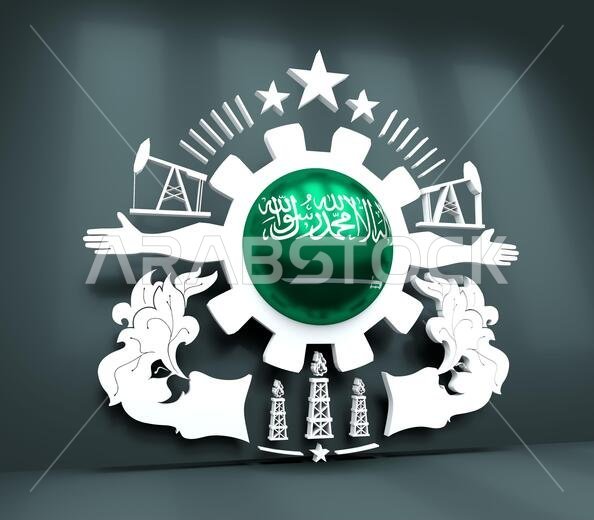 Mining industry emblem. Human arms and cog wheel. Sphere textured by flag of Saudi Arabia. 3D rendering