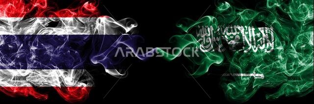 Thailand, Thai vs Saudi Arabia, Arabian smoky mystic flags placed side by side. Thick colored silky abstract smokes flags.
