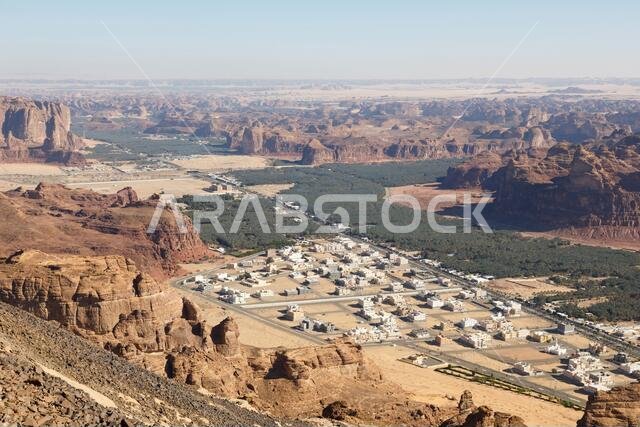 View towards Al Ula, an oasis in the middle of the mountainous landscape of Saudi Arabia