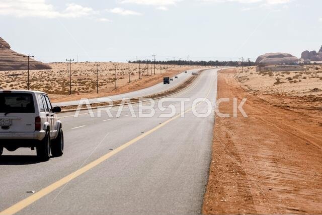 Al Ula, Saudi Arabia, February 20 2020: Typical road in Saudi Arabia that leads through the desert.