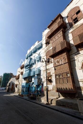 Jeddah, Saudi Arabia, February 22 2020: Old town of Jeddah with th historic wooden balconies in the Al Balad district, Saudi Arabia