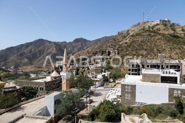 Panorama of beautiful historical houses and mosque minaret in Rijal Almaa heritage village in Saudi Arabia