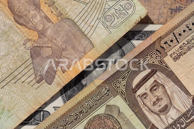١٠٠ دولار أمريكي وريال سعودي قديم و٥٠ قرش مصري لأغراض التصميم