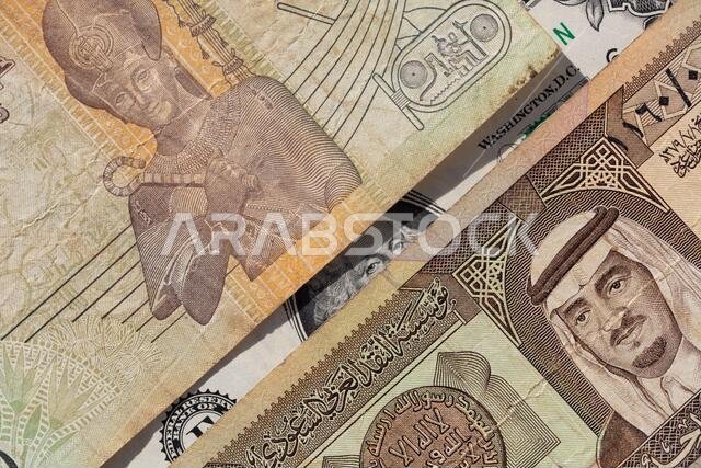 دولار أمريكي واحد وريال سعودي قديم واحد و50 قرشًا مصريًا لأغراض التصميم