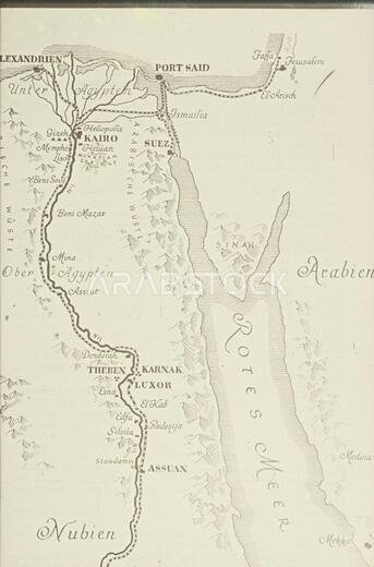 Maps for slide lectures. Reproduction of a map of Egypt and Saudi Arabia. Cutout with Nile and red sea